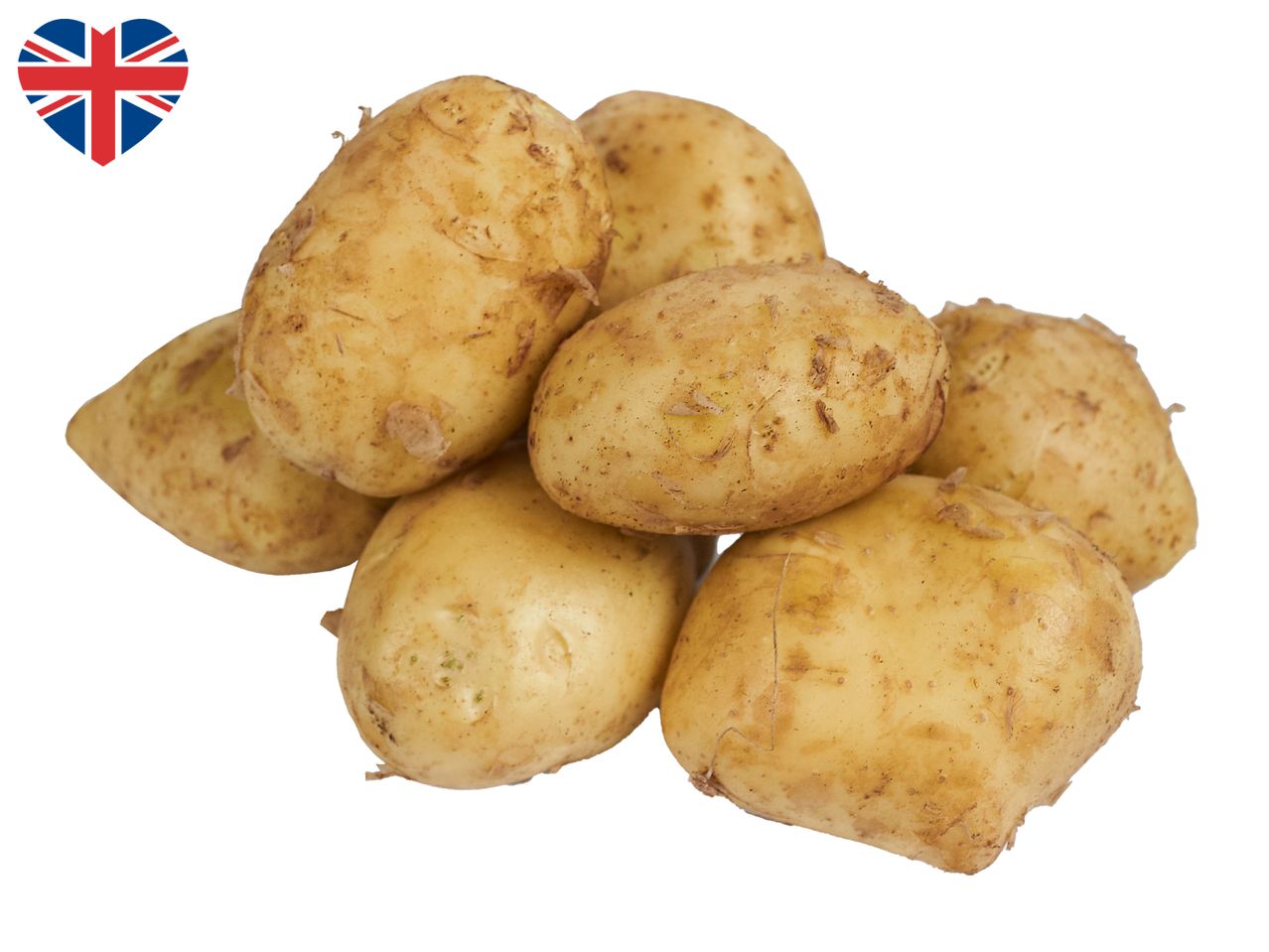 A pile of fresh potatoes with a heart-shaped Union Jack flag in the top left corner.