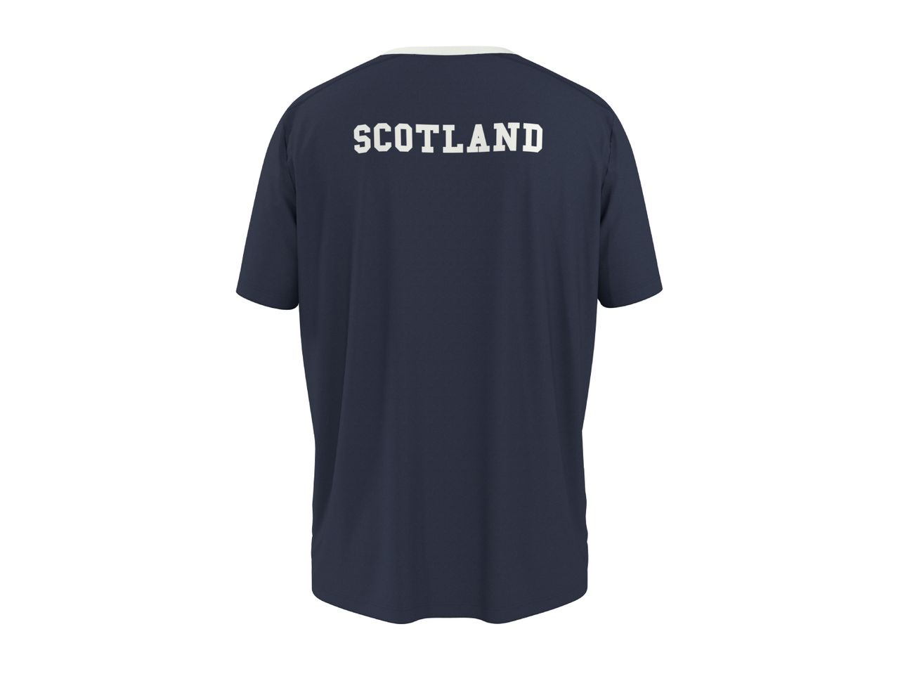 Navy blue t-shirt with 'SCOTLAND' written in white on the back.