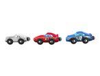 Three toy race cars in white, red, and blue, with magnetic connectors.