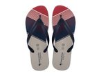 Pair of red, white, and blue striped flip-flops with size markings.