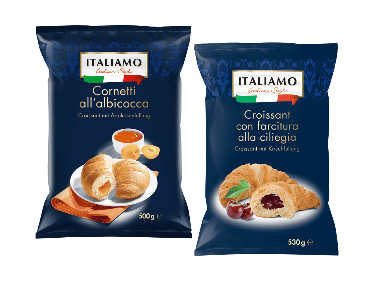 Zwei Packungen Italiens Croissants, eine mit Aprikosen, die andere mit Kirschen.