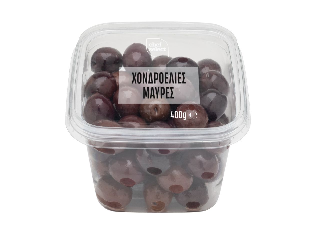 Διαφανές πλαστικό δοχείο με μαύρες ελιές, με την ετικέτα «ΧΟΝΔΡΟΕΛΙΕΣ ΜΑΥΡΕΣ 400g».