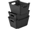 Three dark gray plastic storage bins are stacked on top of each other.