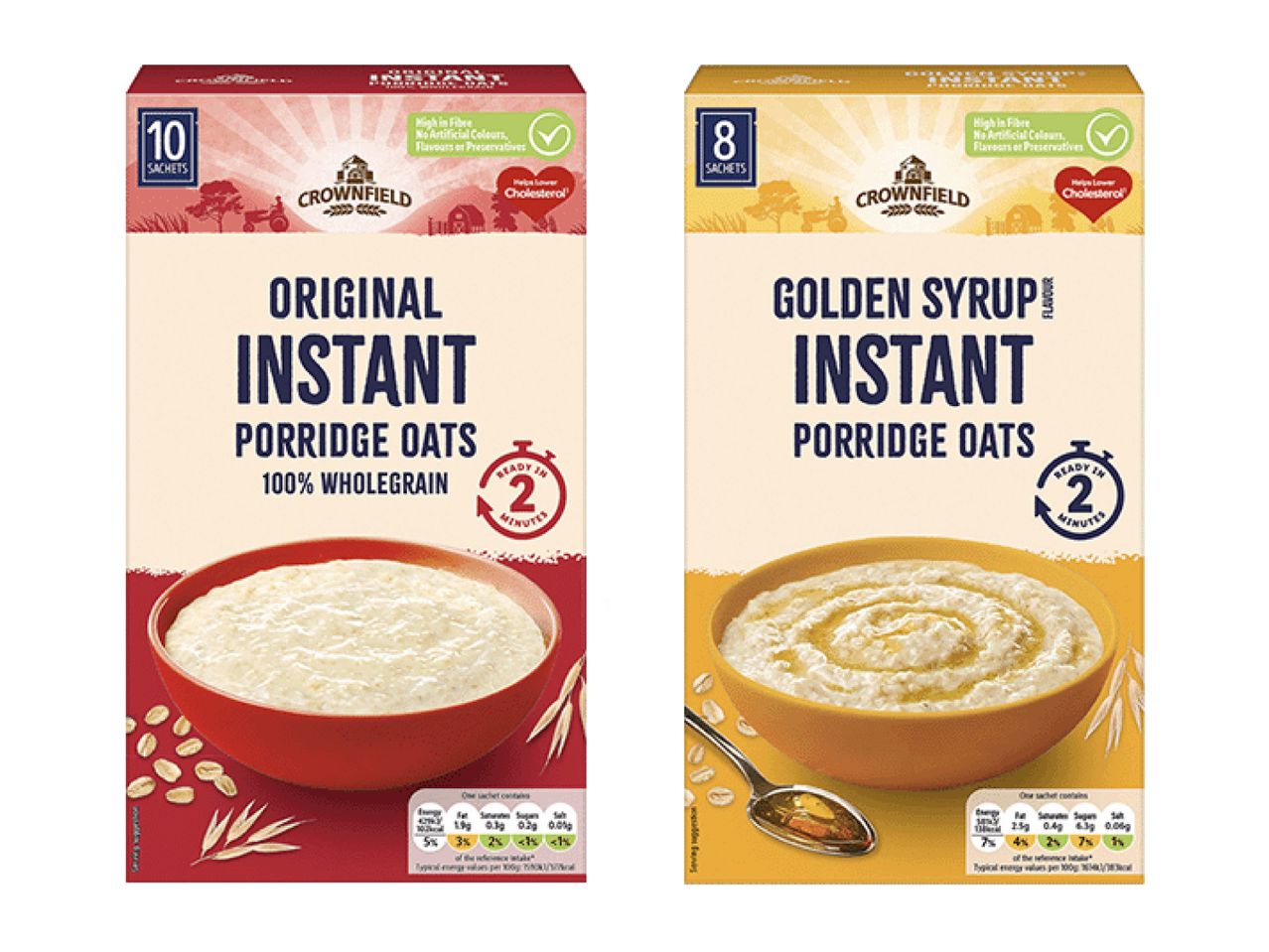 Two boxes of instant porridge oats: Original and Golden Syrup flavors, both ready in 2 minutes.