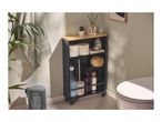 Bathroom storage trolley with toilet paper, cleaning supplies, and decorative items next to a toilet.