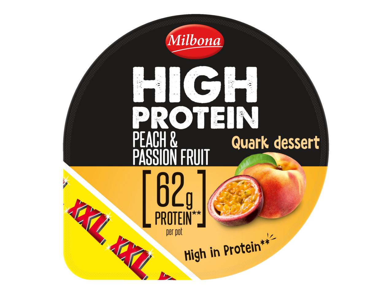 Sobremesa de quark Milbona rica em proteínas, sabor pêssego e maracujá, com 62g de proteína por pote.