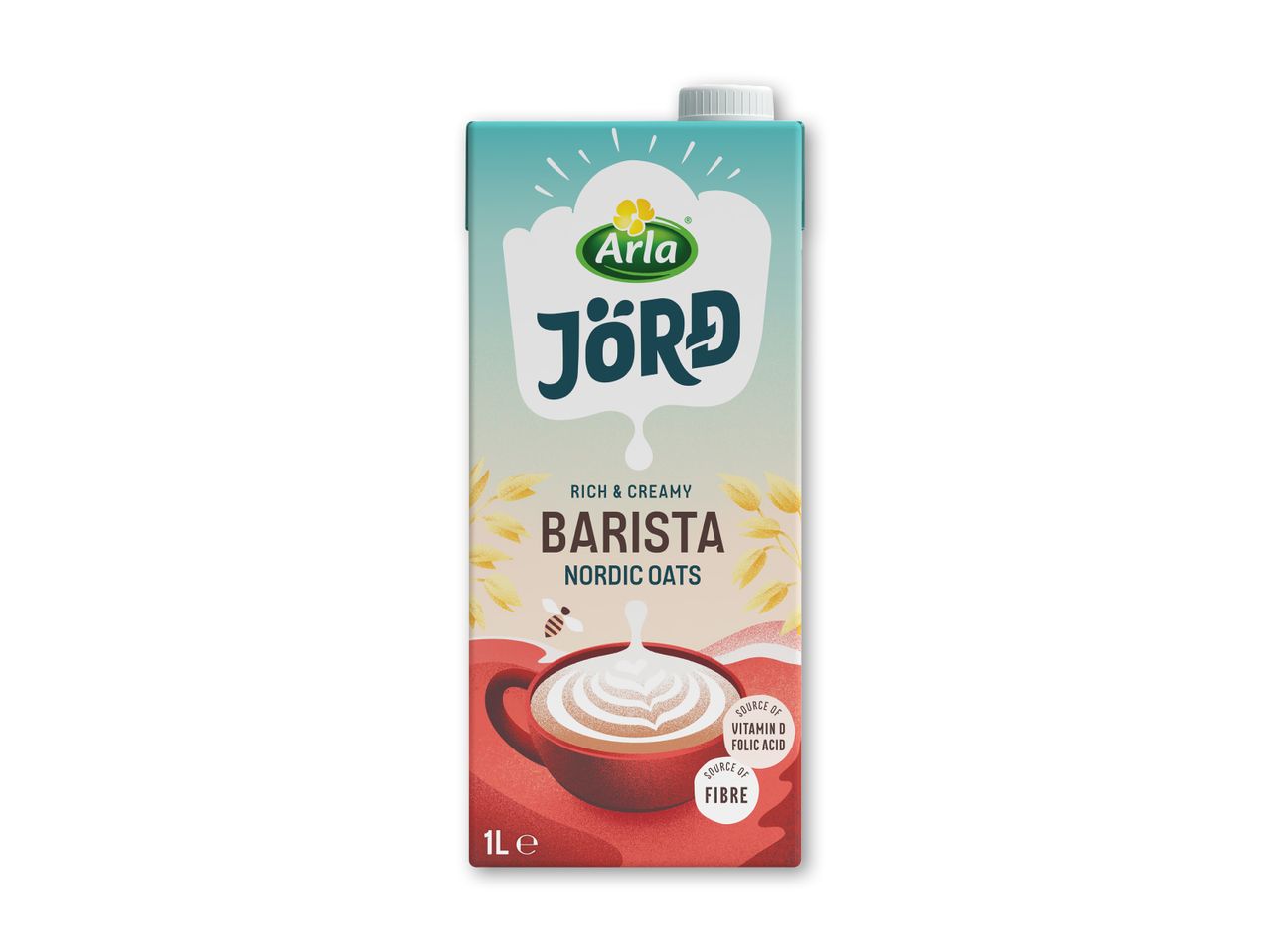 En karton med havredrik til baristaer, rig og cremet, med nordiske havre, kilde til D-vitamin, folinsyre og fibre.