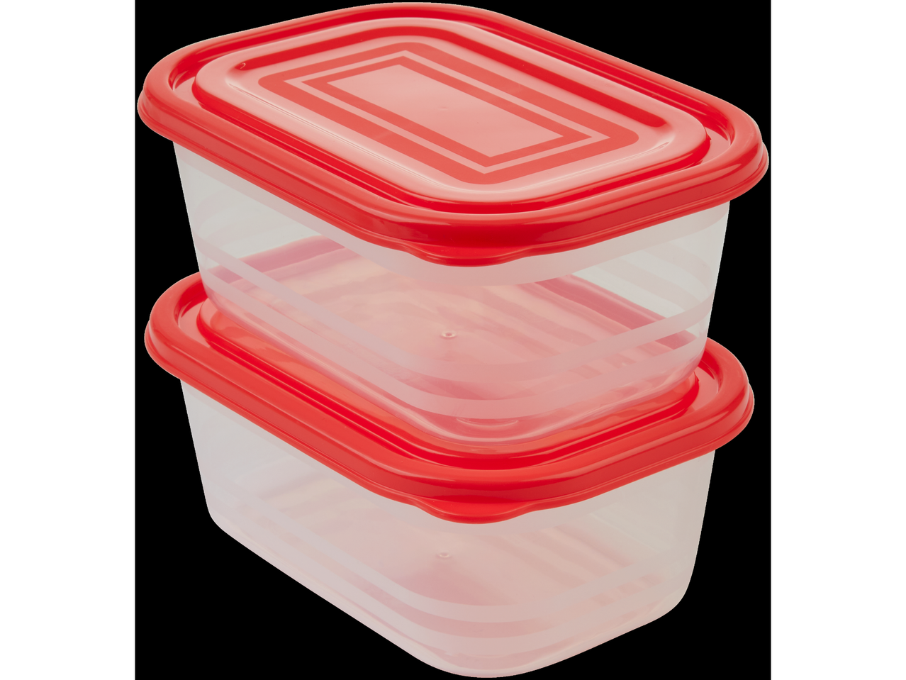 Two stackable plastic food containers with red lids.