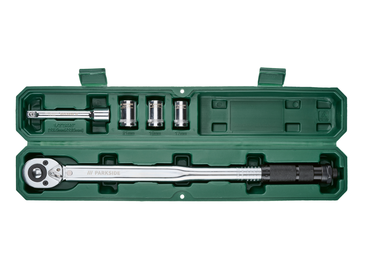 PARKSIDE moment ključ sa nasadnim ključevima 17, 19, 21 mm i produžetkom u zelenoj kutiji.