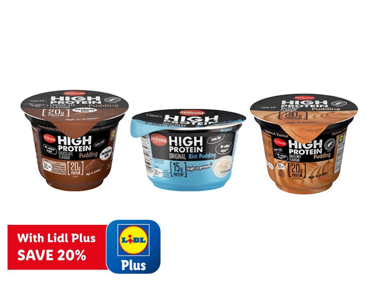 Milbona High Protein puddings and rice pudding, with a Lidl Plus discount offer.