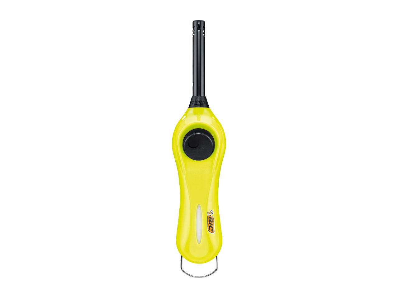 Yellow utility lighter with a black igniter button and a metal hanging loop.