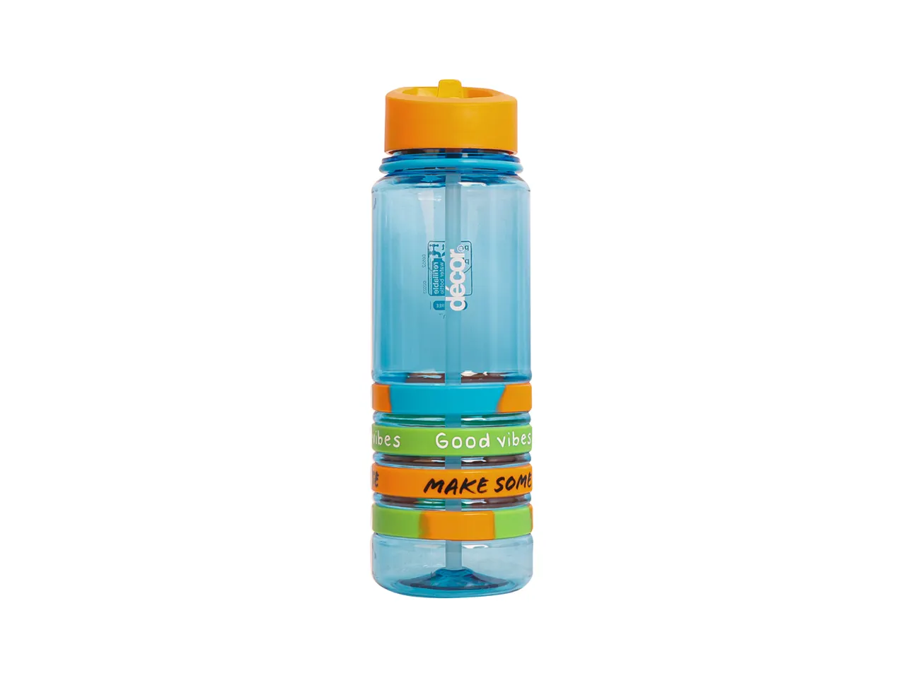 A blue plastic water bottle with orange accents and a flip-top lid.