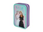 Frozen-themed pencil case featuring Elsa and Anna, with purple and teal zippers.