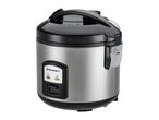 Stainless steel rice cooker with black lid and control panel
