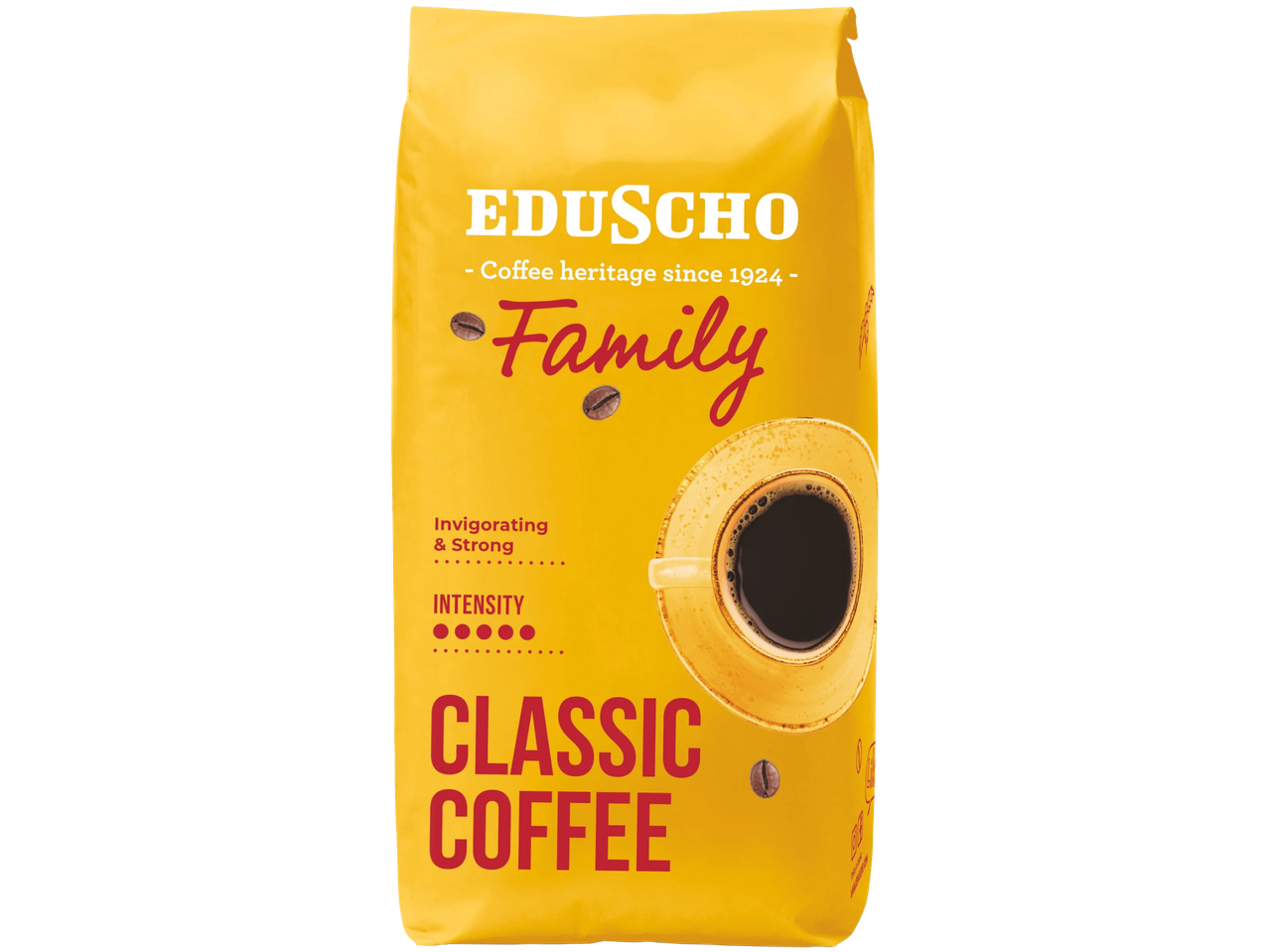 Жълта опаковка кафе на зърна с чаша кафе и надпис 'Classic Coffee'.