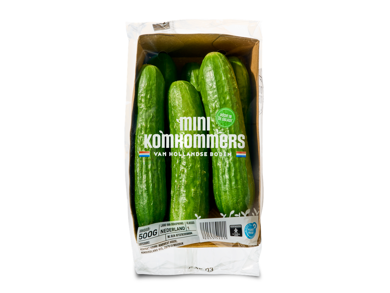 Een verpakking mini-komkommers van Hollandse bodem.