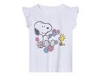 Fehér, fodros ujjú Snoopy-s lánypóló virágokkal.