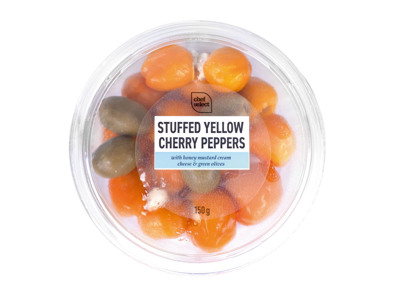 Chef Select: Ardei cherry galbeni umpluți cu cremă de brânză, muștar cu miere și măsline verzi.