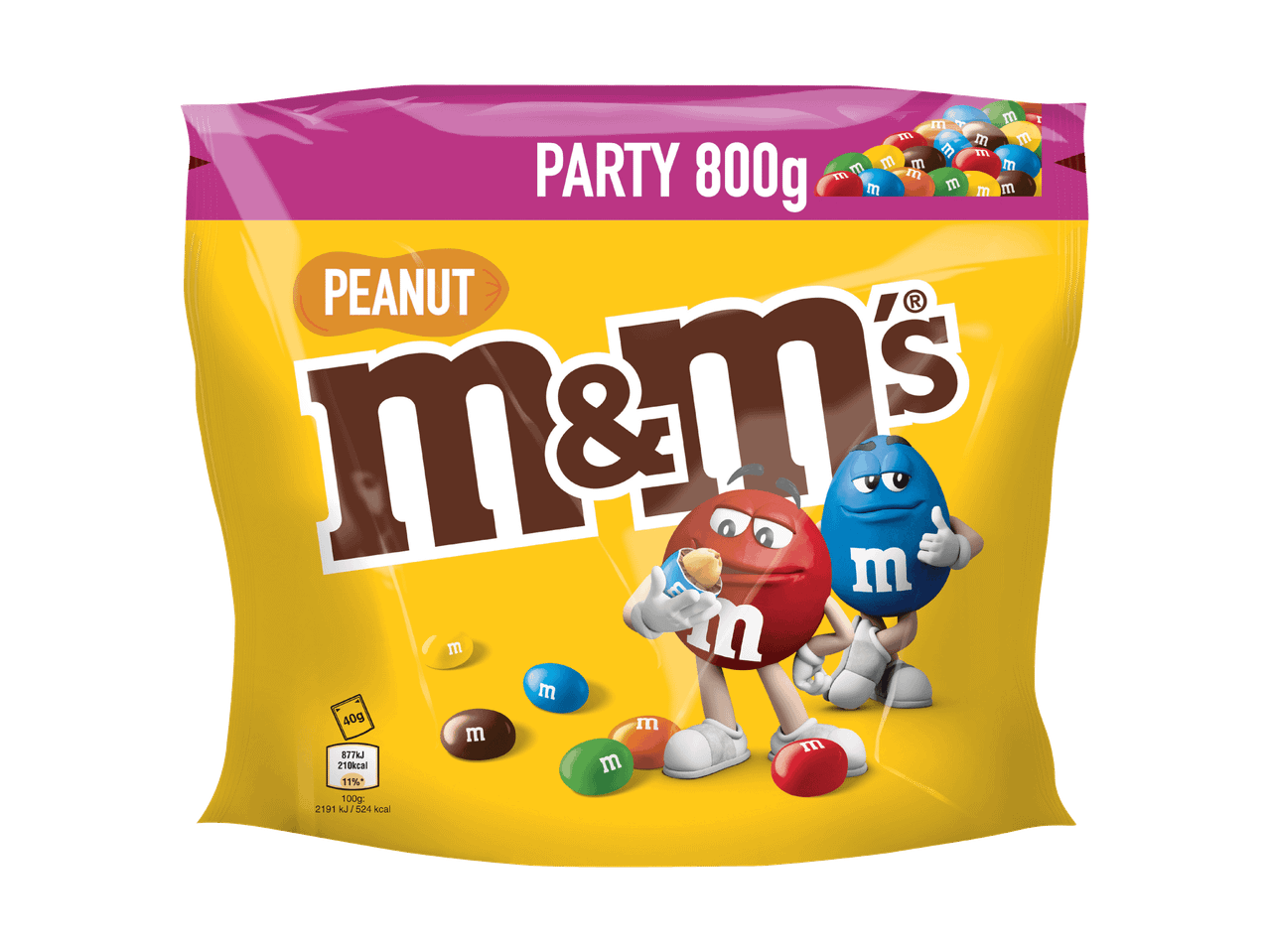 Un grand sac jaune de bonbons M&M's cacahuète avec les personnages M&M's.