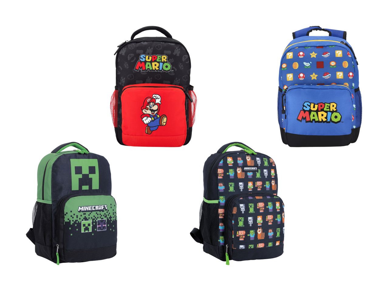 Fire børnerygsække med Super Mario og Minecraft-temaer.