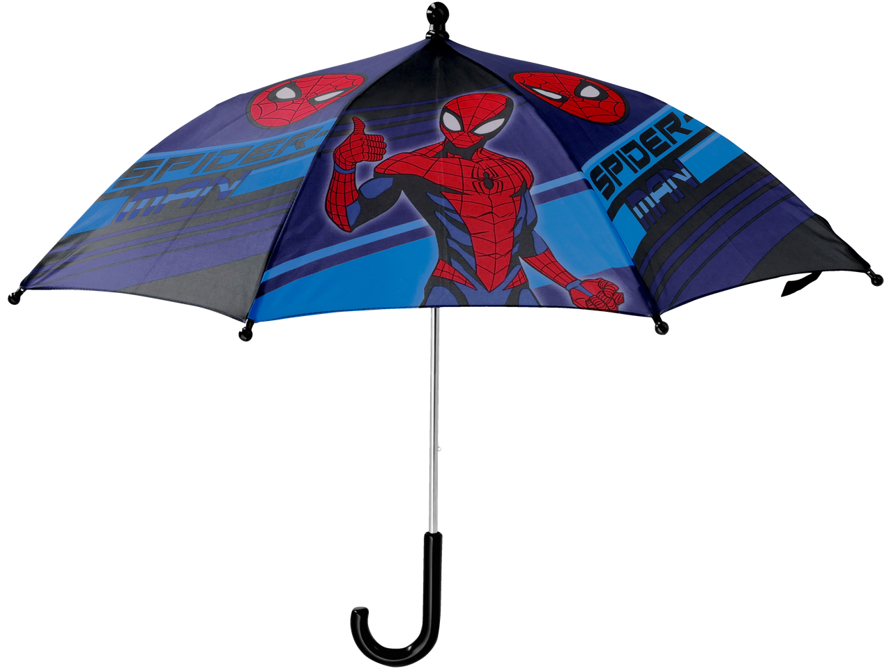 Spiderman-paraplu met Spiderman-motief en logo in blauw, rood en zwart.