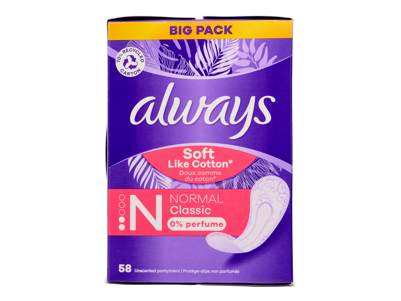 Always maandverband, normale, ongeparfumeerde, zachte katoenen inlegkruisjes.