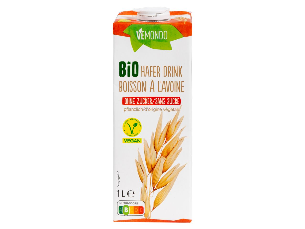 Vemondo Bio Hafer Drink, zuckerfrei und vegan, in einer 1-Liter-Packung mit Nutri-Score A.