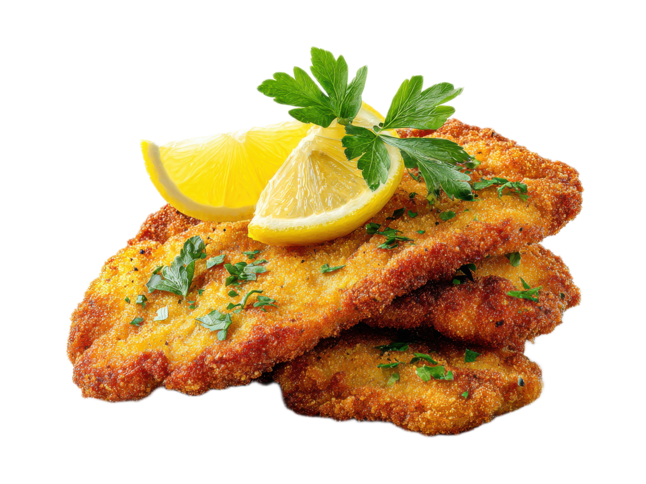 Panierte Schnitzel mit Zitronenscheiben und Petersilie