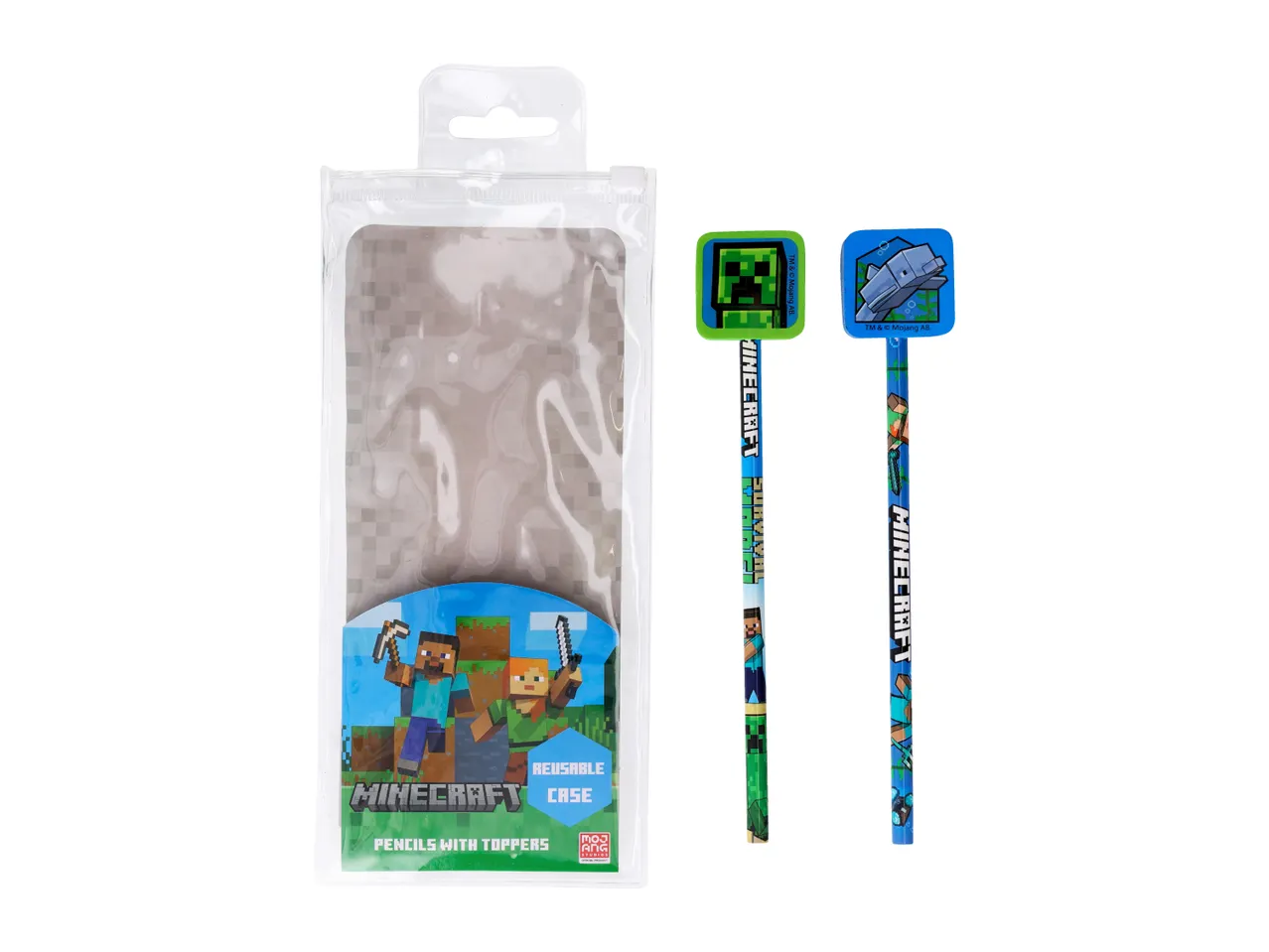 Minecraft pencils with toppers, featuring characters like Creeper and a dolphin, in a reusable case.