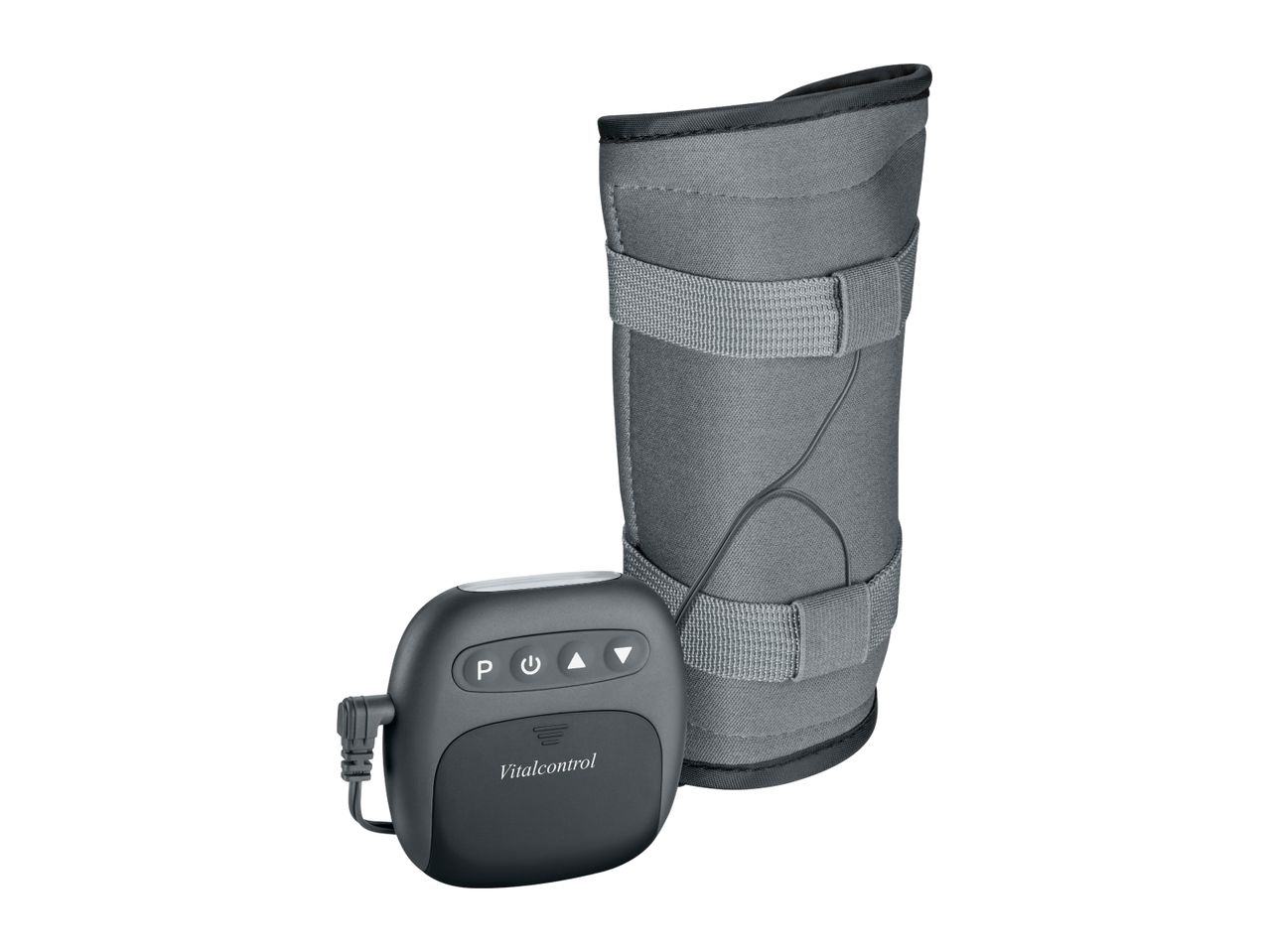 A grey muscle stimulation device with a control unit and a leg cuff.