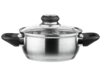 Casserole en acier inoxydable avec couvercle en verre et poignées noires.