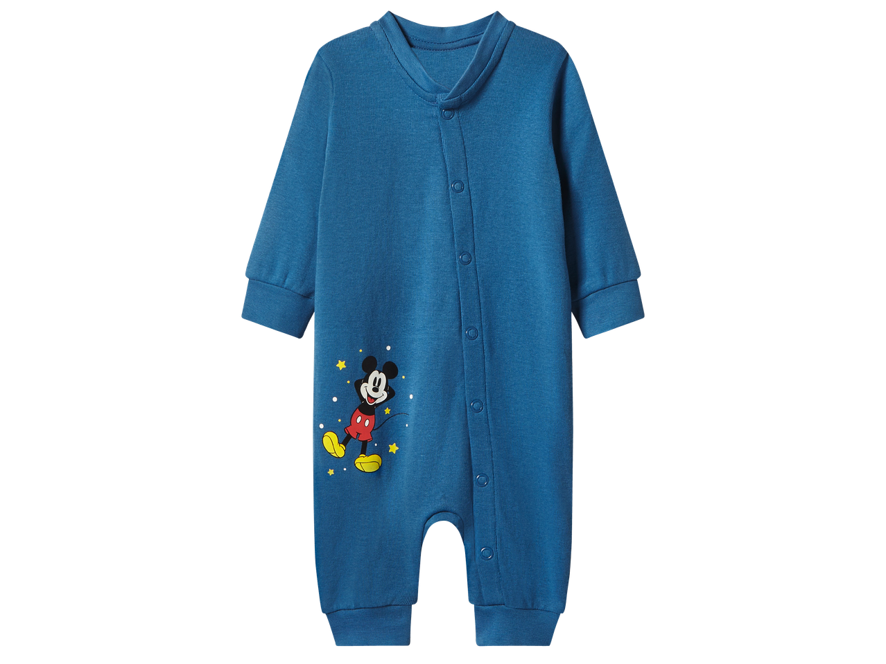 Син бебешки гащеризон с дълъг ръкав и щампа на Мики Маус.