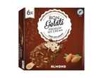 Doos met 6 amandel-ijsjes met chocoladecoating en een Rainforest Alliance-logo.