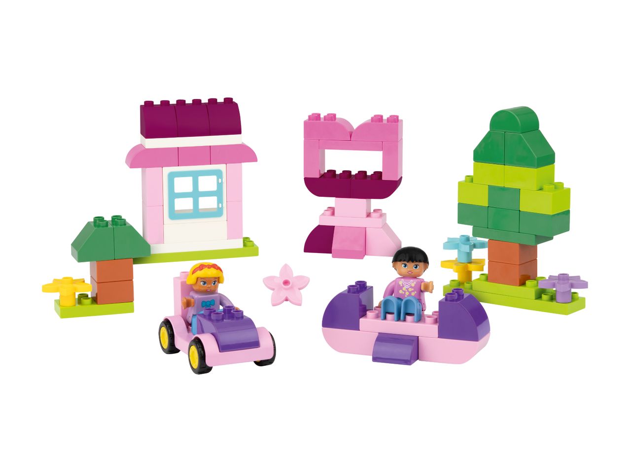 A colorful building block set featuring a house, tree, and two figures with vehicles.