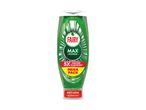 Green dishwashing liquid bottle with text 'MAX POWER', '5X FASTER CLEANING', 'MEGA PACK', and 'ANTI-LEAK TECHNOLOGY'.