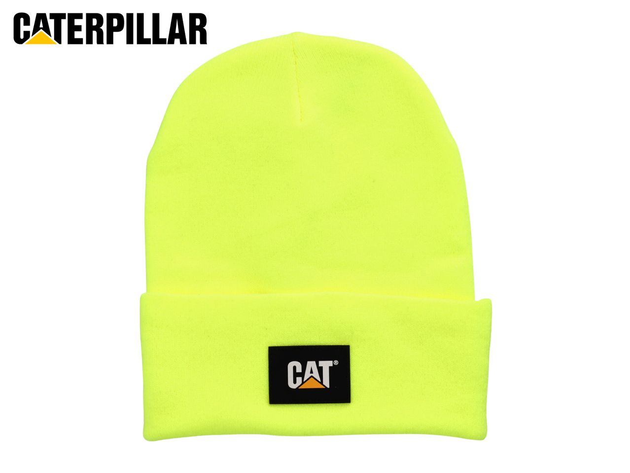 Caterpillar neon yellow beanie with a black CAT logo patch