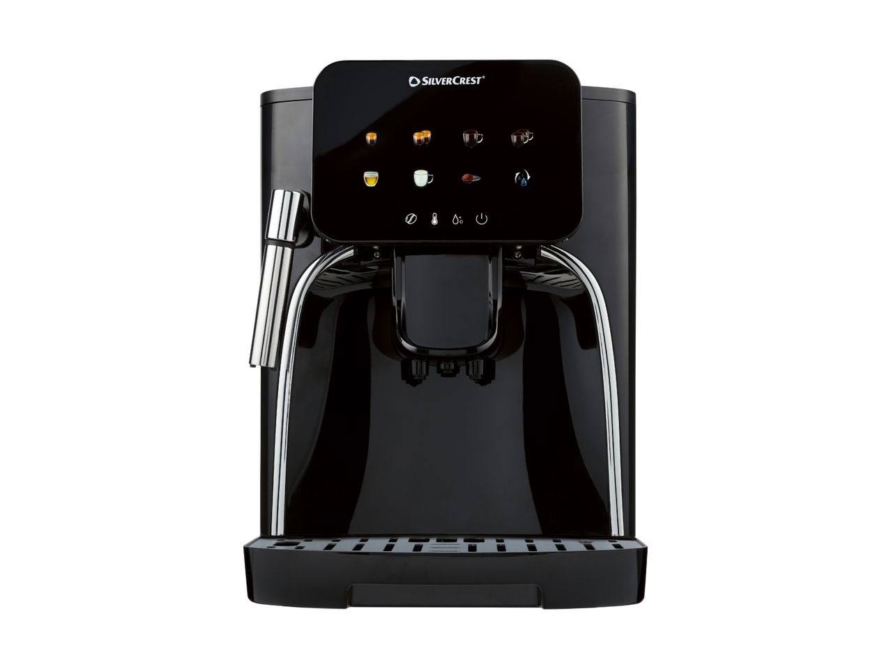 Black automatic coffee machine with a digital display showing various drink options.