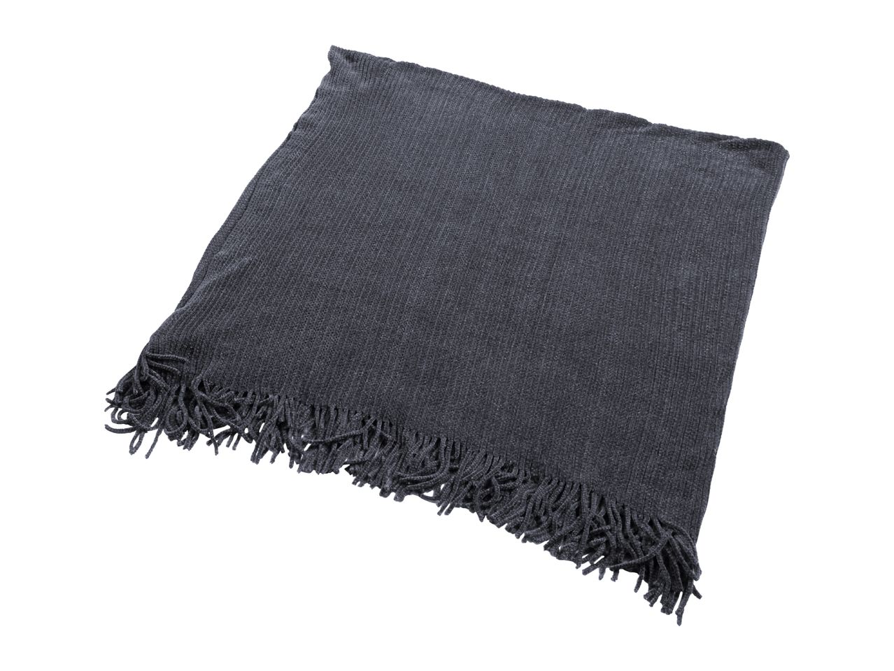 Dark grey knitted throw blanket with decorative fringe