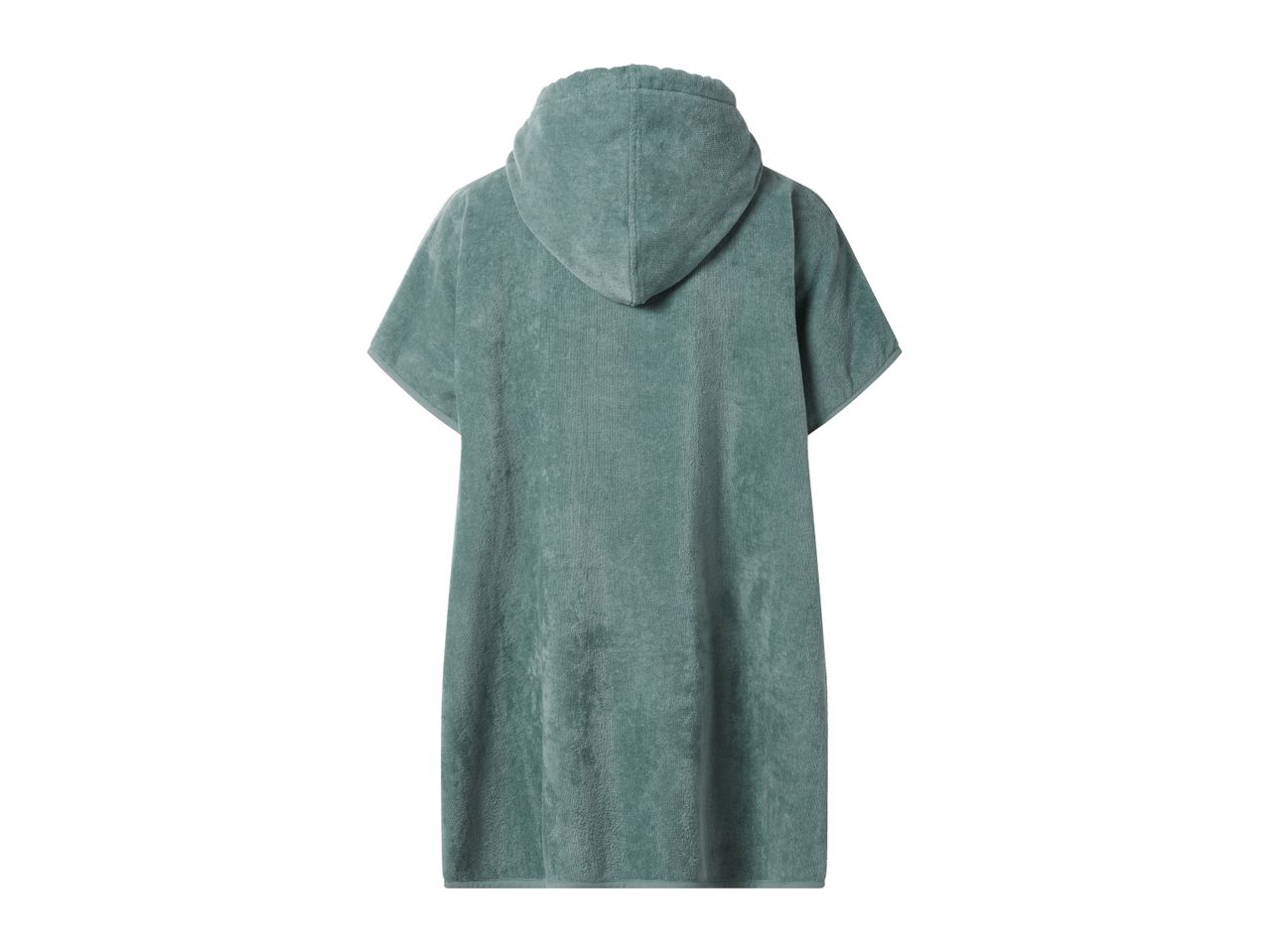 Back view of a teal hooded changing robe made from towel material.