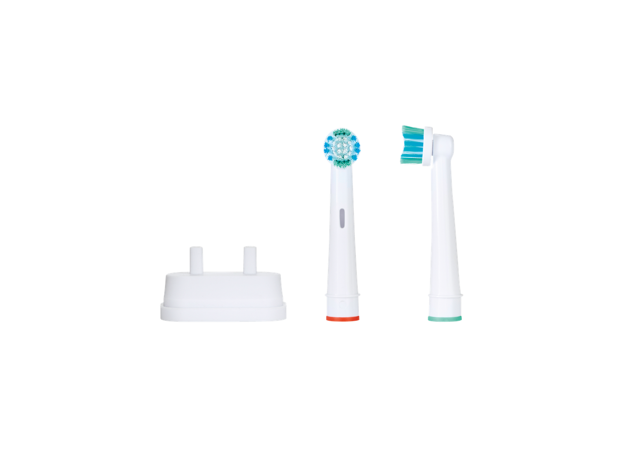 Duas cabeças de escova de dentes elétrica e uma estação de carregamento.
