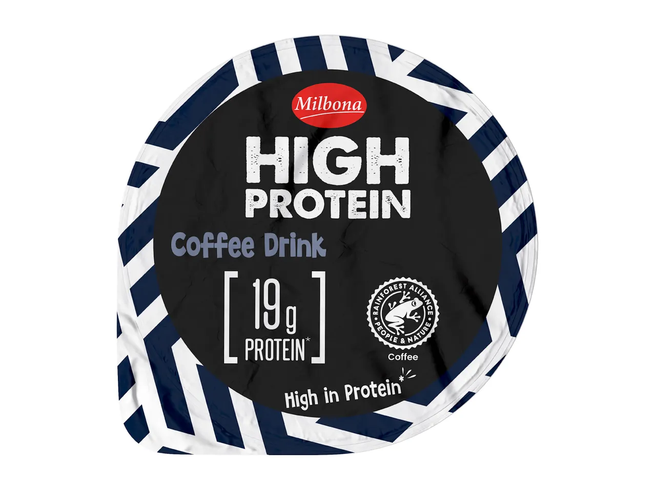 High protein coffee drink with 19g protein, featuring a Rainforest Alliance certification.