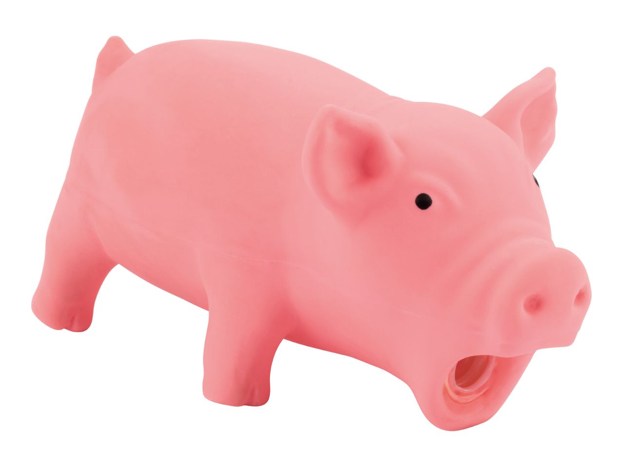 Pink rubber pig dog toy with an open mouth