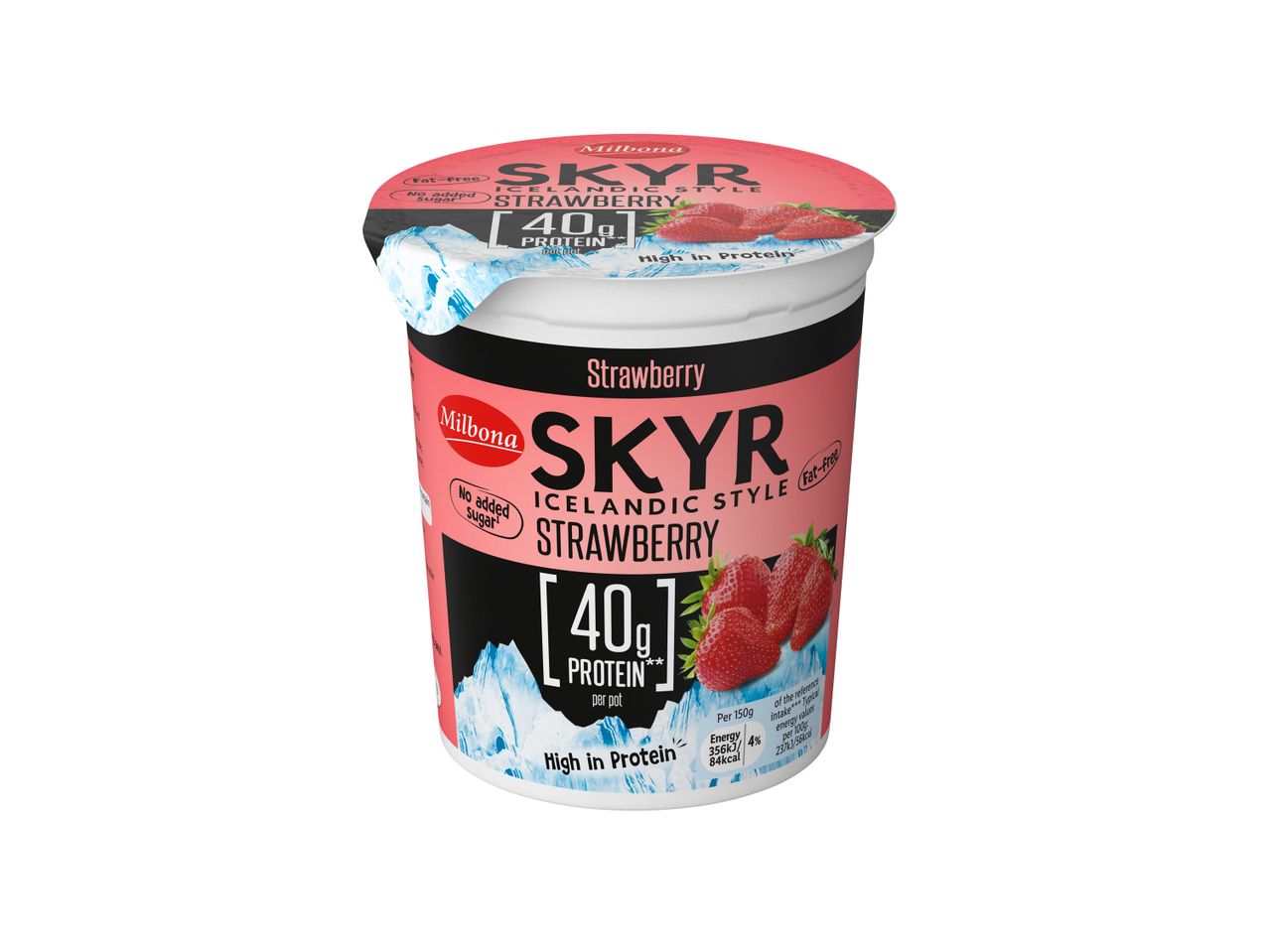 Milbona Skyr Icelandic Style Strawberry yogurt pot, high in protein and fat-free.