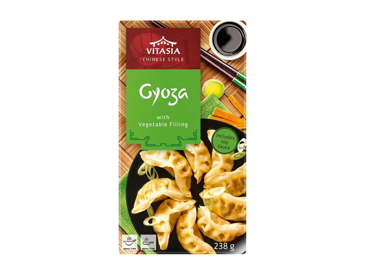 Vitasia ķīniešu stila Gyoza ar dārzeņu pildījumu (238g), iekļauts sojas mērce.