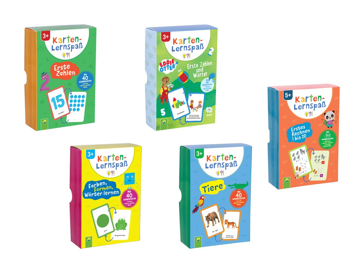 Fünf Schachteln mit Lernspielkarten für Kinder zu verschiedenen Themen.
