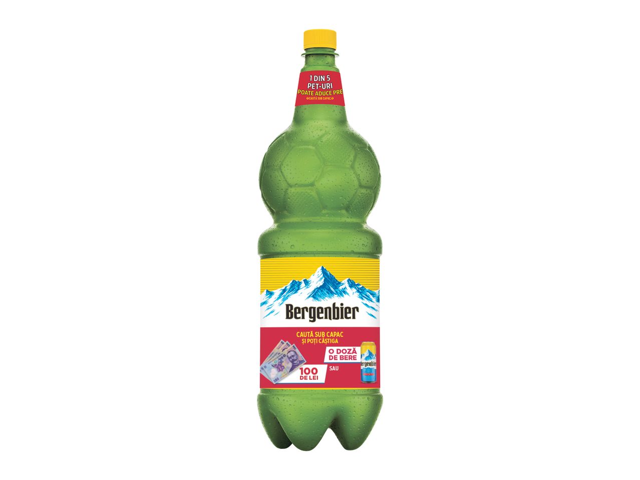 Sticla de Bergenbier de 2 litri cu design fotbalistic, promoție cu premii în bani sau bere.