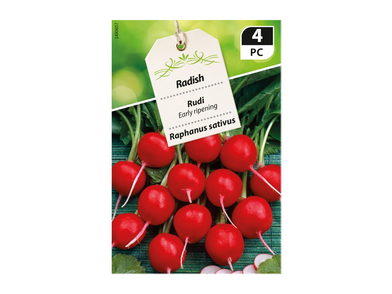 Radish 'Rudi' seeds packet with red radishes and green leaves.