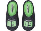 A pair of black and green Minecraft slippers with the number 09 on the toes.