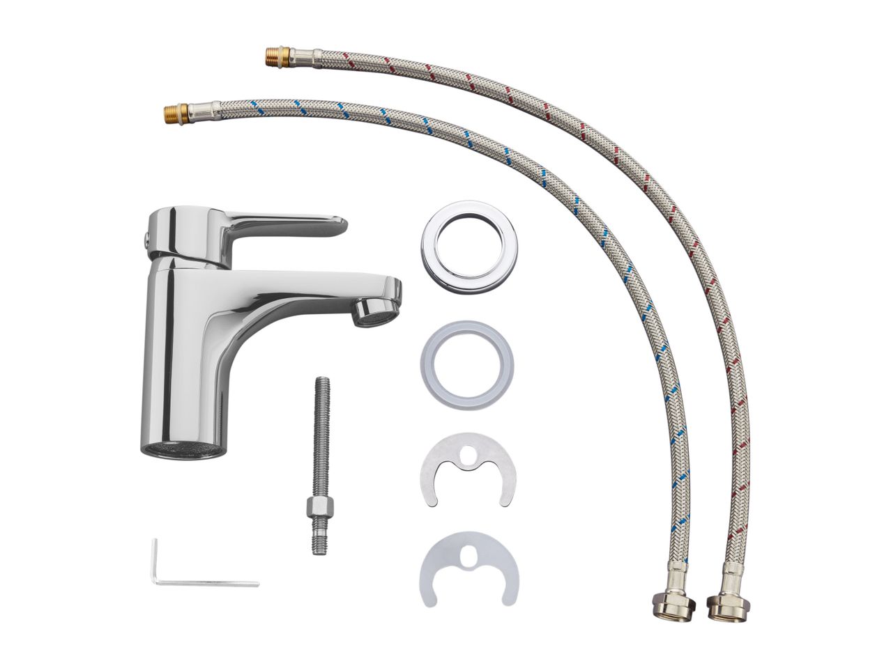 Chrome bathroom sink faucet with installation parts.