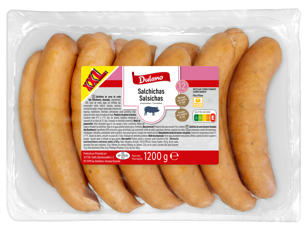 Embalagem de salsichas Knackwurst Dulano, defumadas, 1200g.